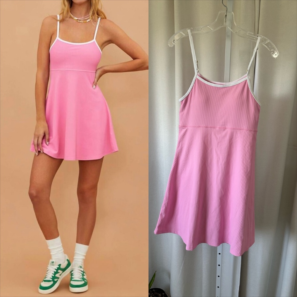 Beach Riot Pink Spaghetti-Strap Midi Dress with White Trim